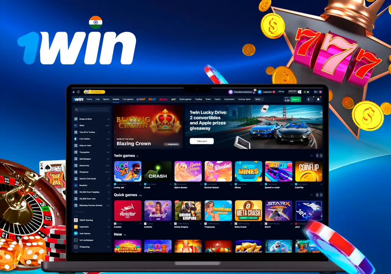 Casino homepage with various slot and crash games, including Lucky Jet and Blazing Crown