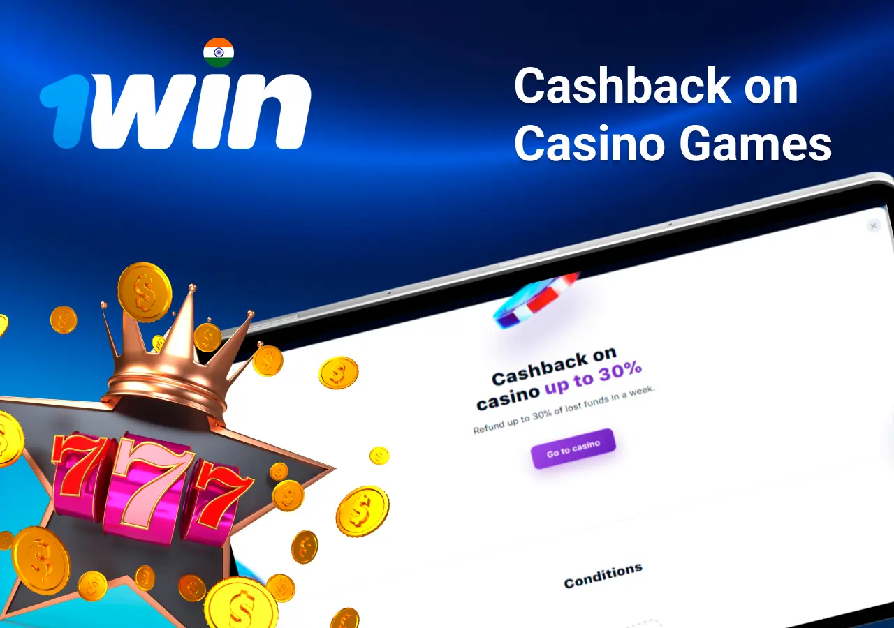 Mobile app with 1Win poker rakeback offer up to 50%, red dice, and playing cards