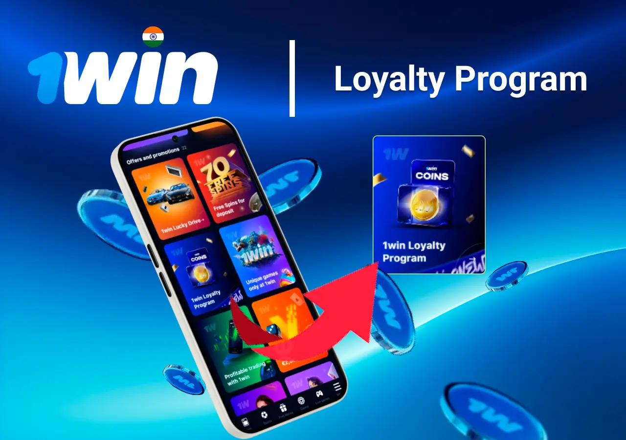 Mobile app showing 1Win loyalty program and offers like free spins and Lucky Drive.